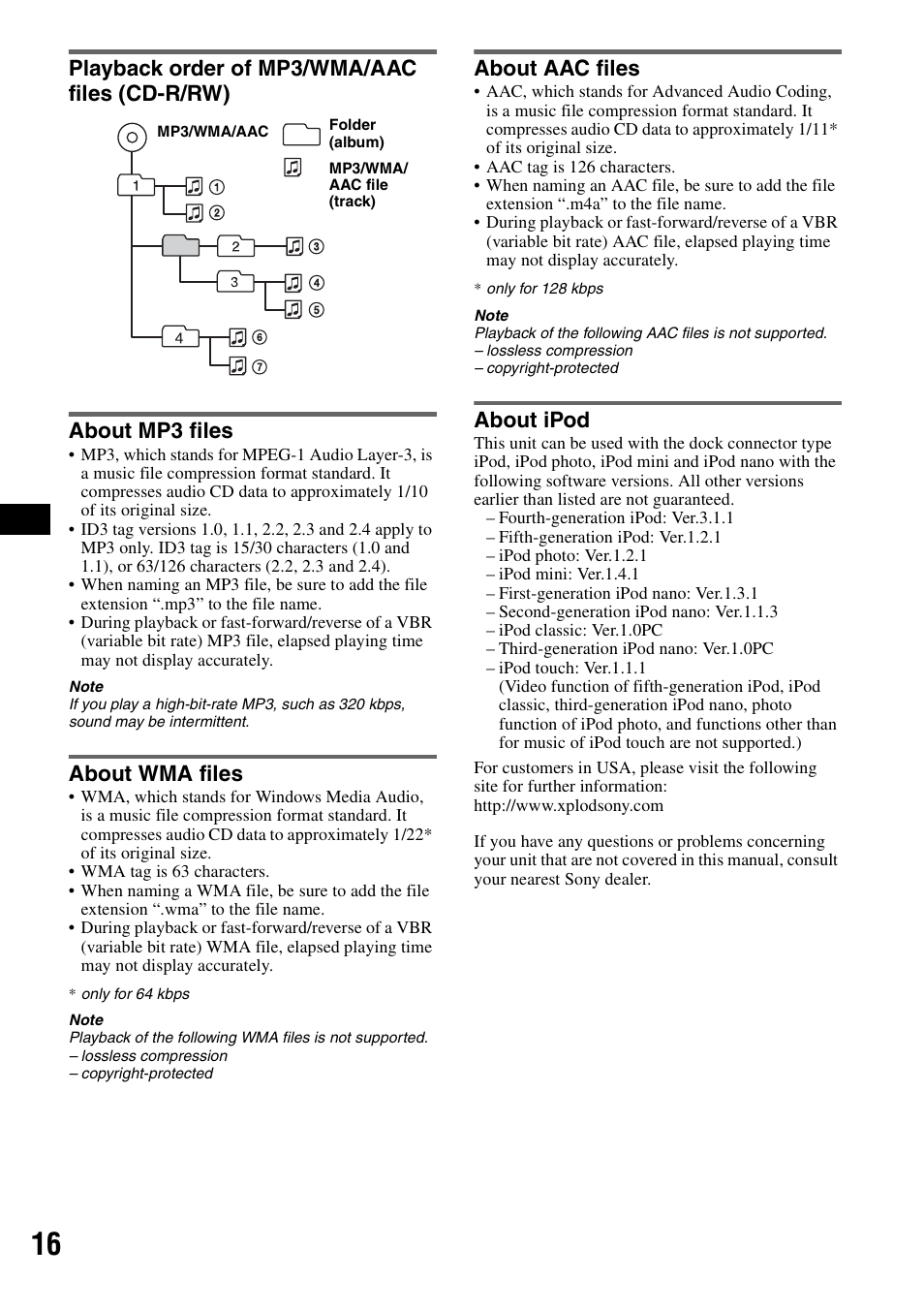 Playback order of mp3/wma/aac files (cd-r/rw), About mp3 files, About wma files | About aac files, About ipod | Sony CDX-GT62IPW User Manual | Page 16 / 44