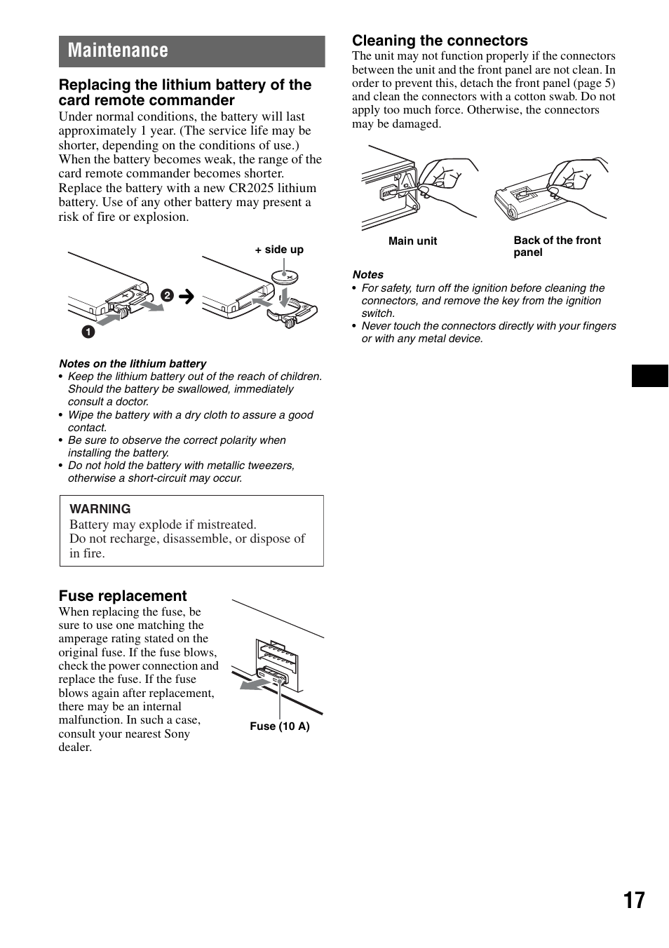 Maintenance | Sony CDX-GT62IPW User Manual | Page 17 / 44