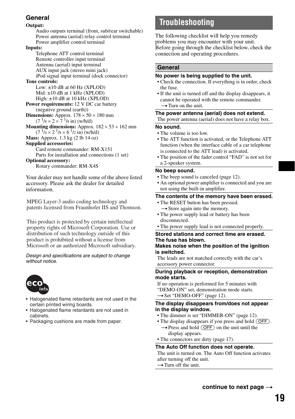 Troubleshooting, General | Sony CDX-GT62IPW User Manual | Page 19 / 44
