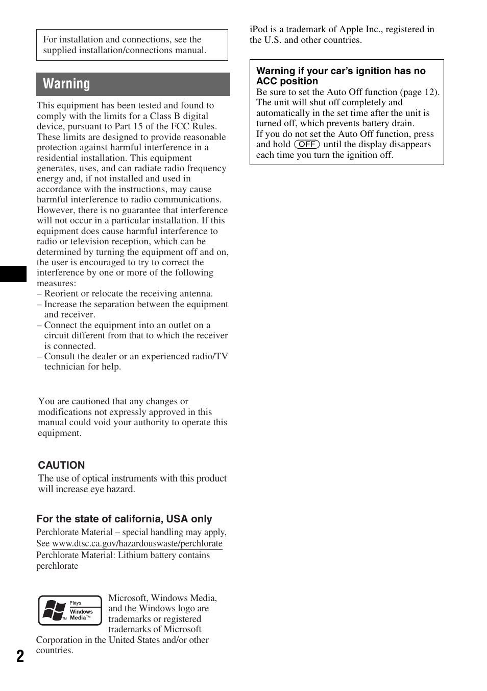 Warning | Sony CDX-GT62IPW User Manual | Page 2 / 44