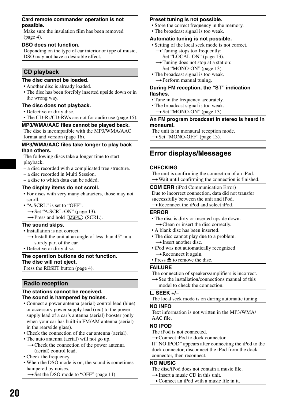 Error displays/messages | Sony CDX-GT62IPW User Manual | Page 20 / 44