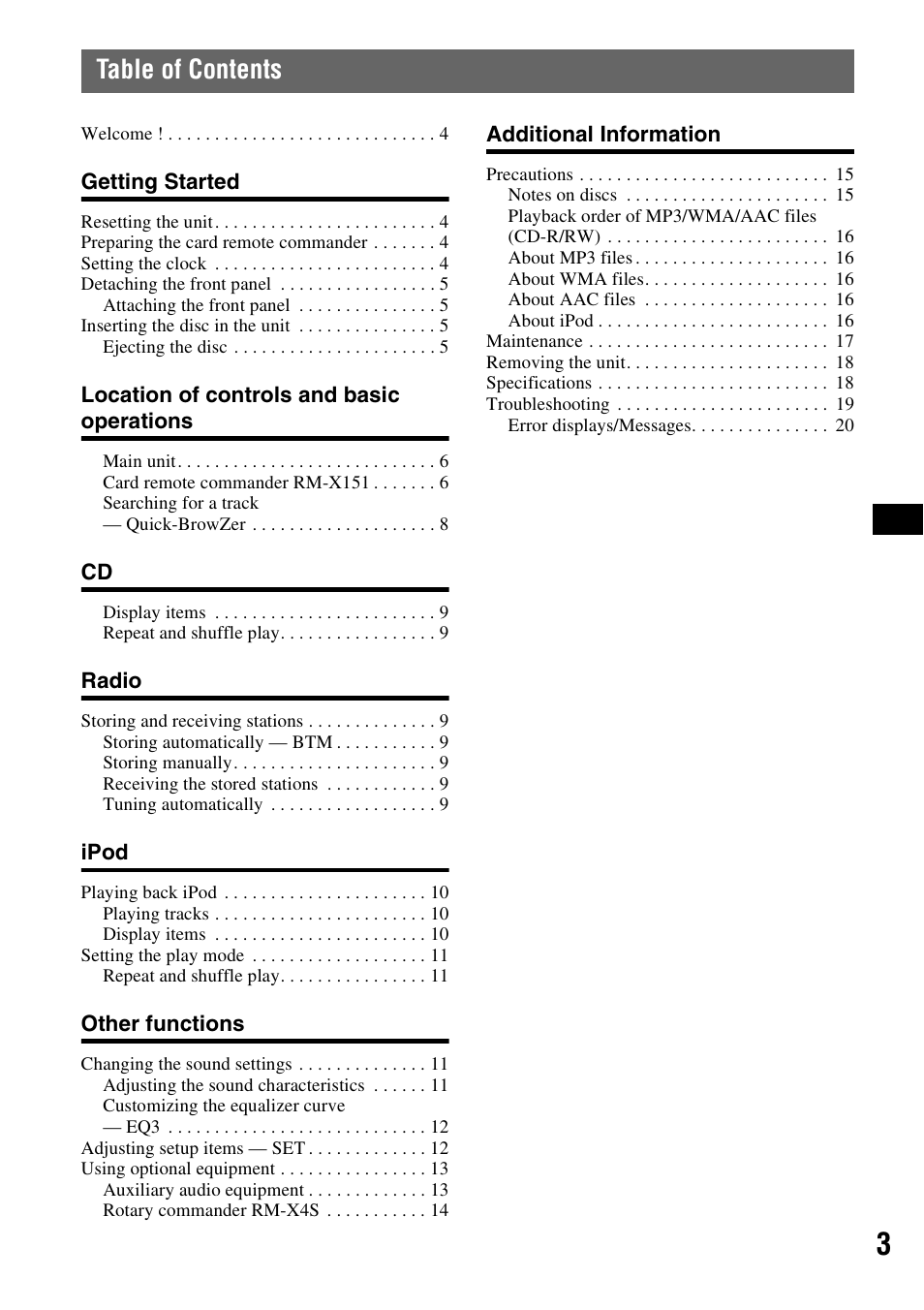 Sony CDX-GT62IPW User Manual | Page 3 / 44