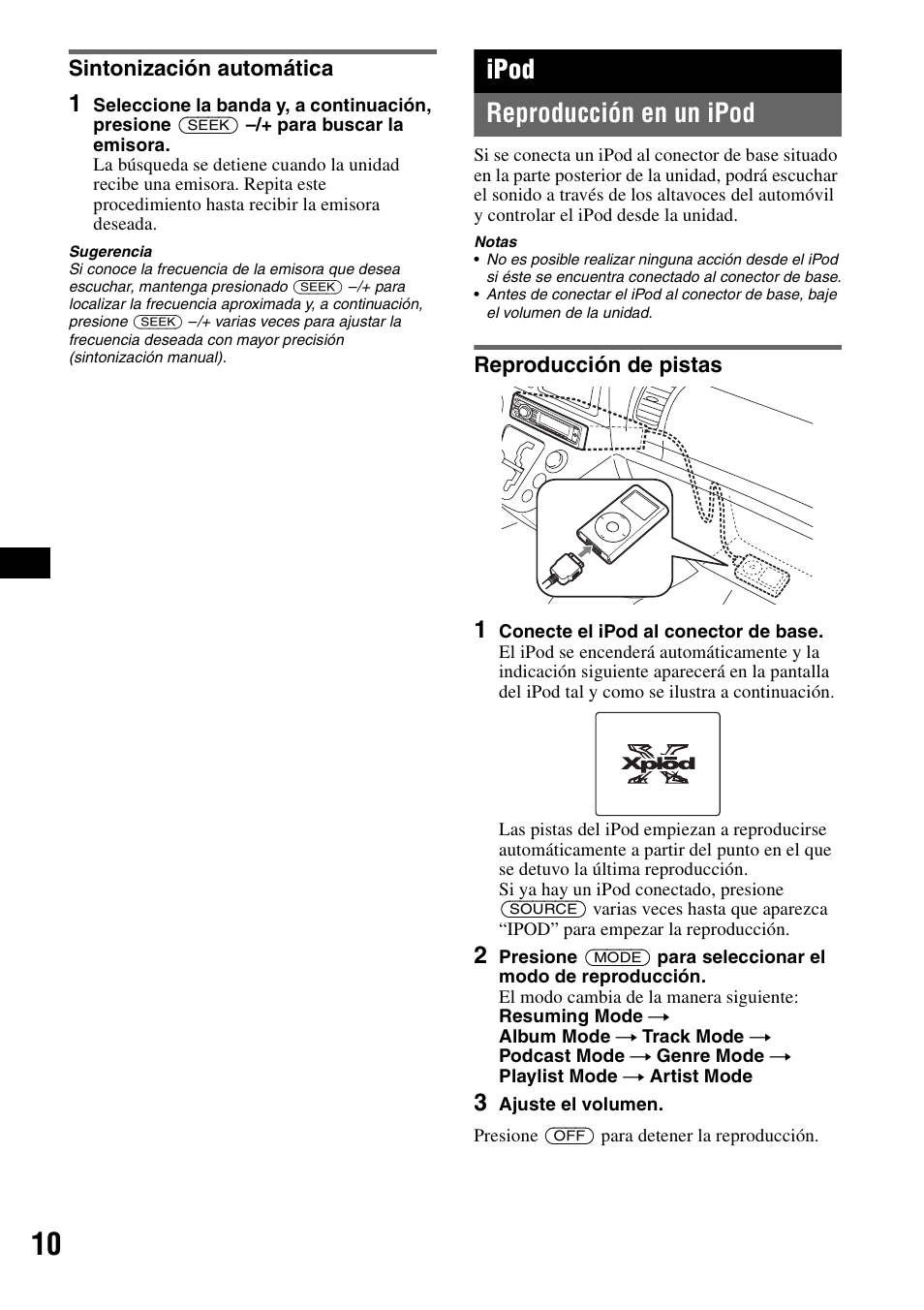 Sintonización automática, Ipod, Reproducción en un ipod | Reproducción de pistas, Ipod reproducción en un ipod | Sony CDX-GT62IPW User Manual | Page 30 / 44