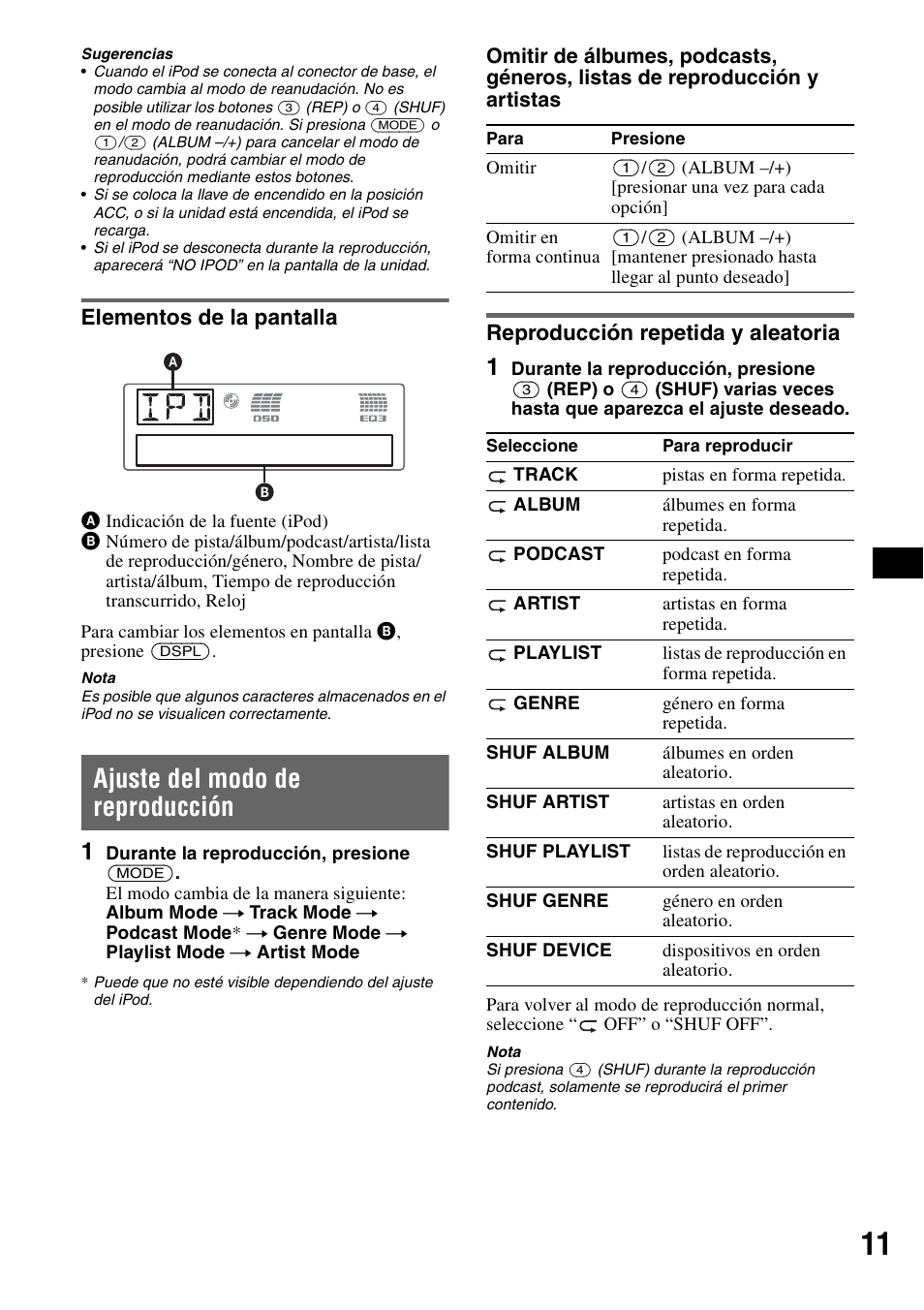 Elementos de la pantalla, Ajuste del modo de reproducción, Reproducción repetida y aleatoria | Sony CDX-GT62IPW User Manual | Page 31 / 44