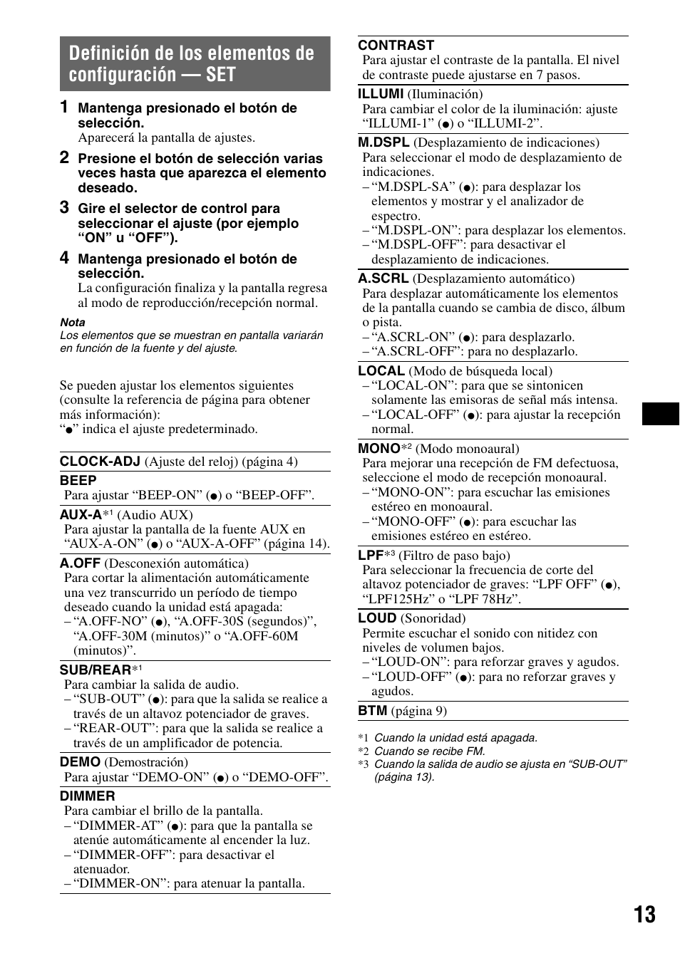 Definición de los elementos de configuración - set, Definición de los elementos de configuración — set | Sony CDX-GT62IPW User Manual | Page 33 / 44