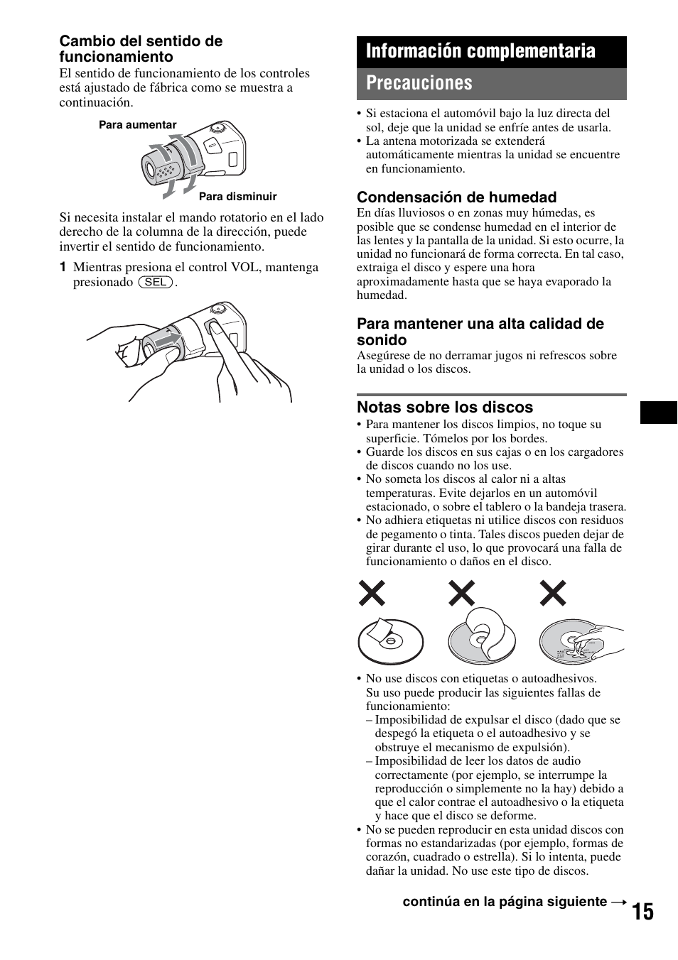Información complementaria, Precauciones, Notas sobre los discos | Información complementaria precauciones | Sony CDX-GT62IPW User Manual | Page 35 / 44