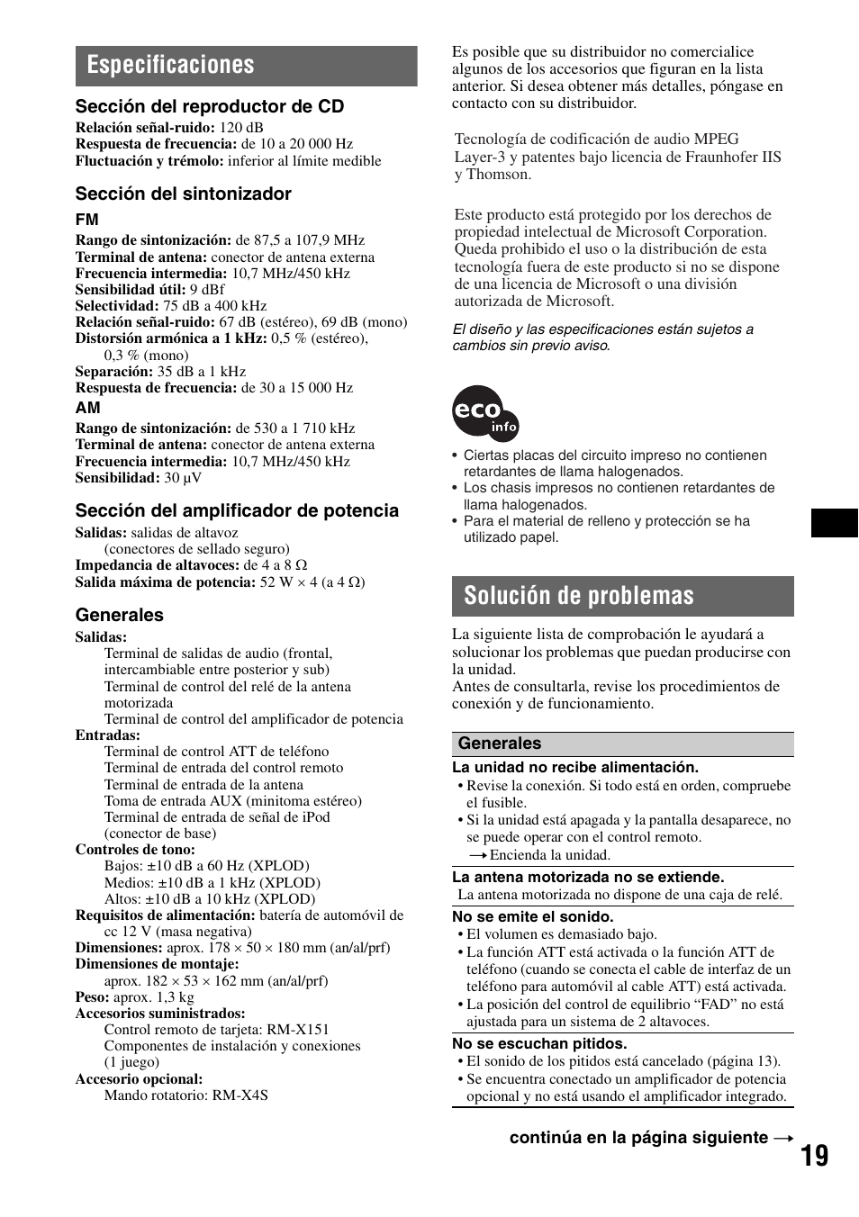 Especificaciones, Solución de problemas, Especificaciones solución de problemas | Sony CDX-GT62IPW User Manual | Page 39 / 44