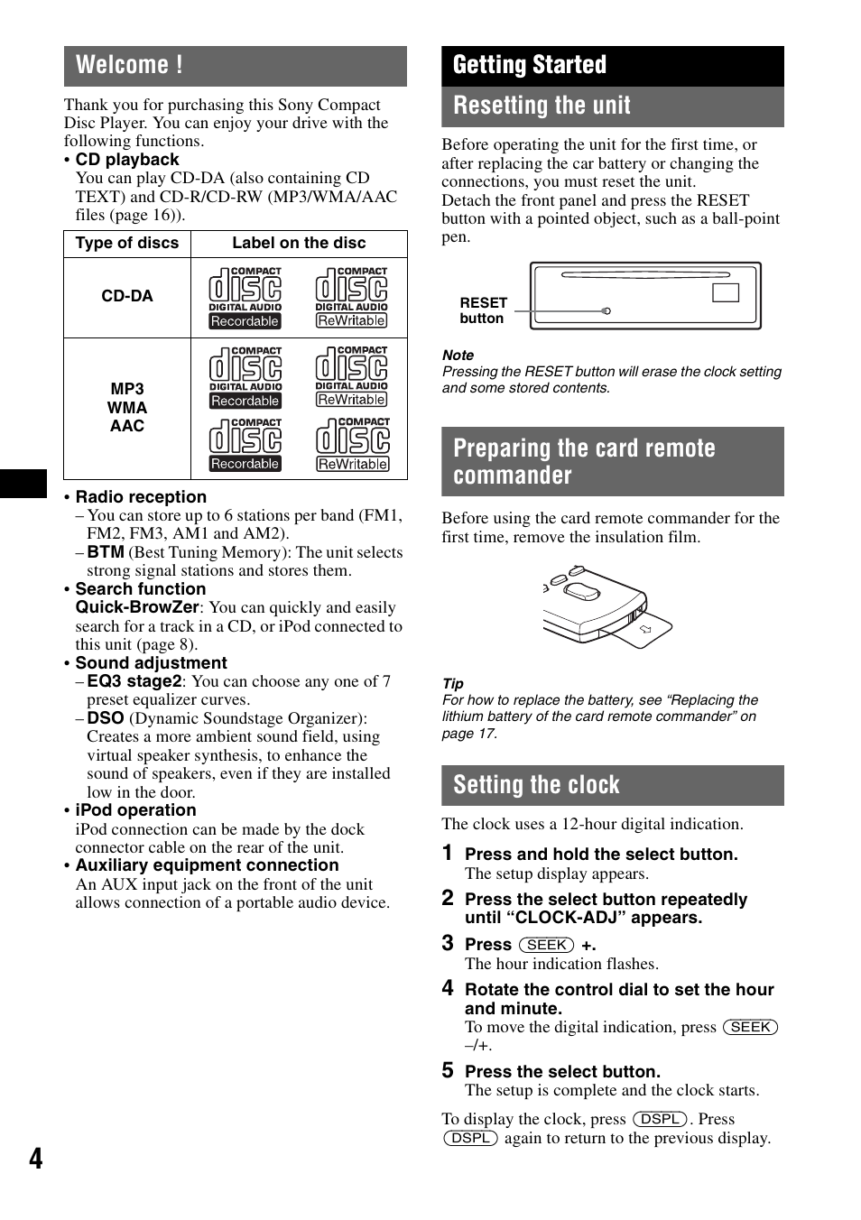 Welcome, Getting started, Resetting the unit | Preparing the card remote commander, Setting the clock, Getting started resetting the unit | Sony CDX-GT62IPW User Manual | Page 4 / 44