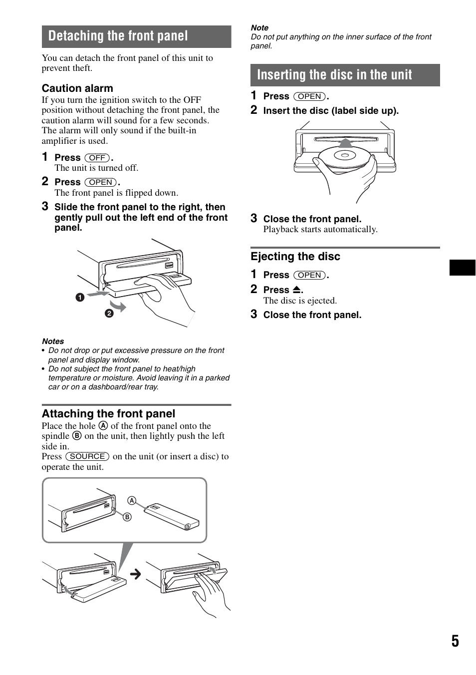Detaching the front panel, Attaching the front panel, Inserting the disc in the unit | Ejecting the disc | Sony CDX-GT62IPW User Manual | Page 5 / 44