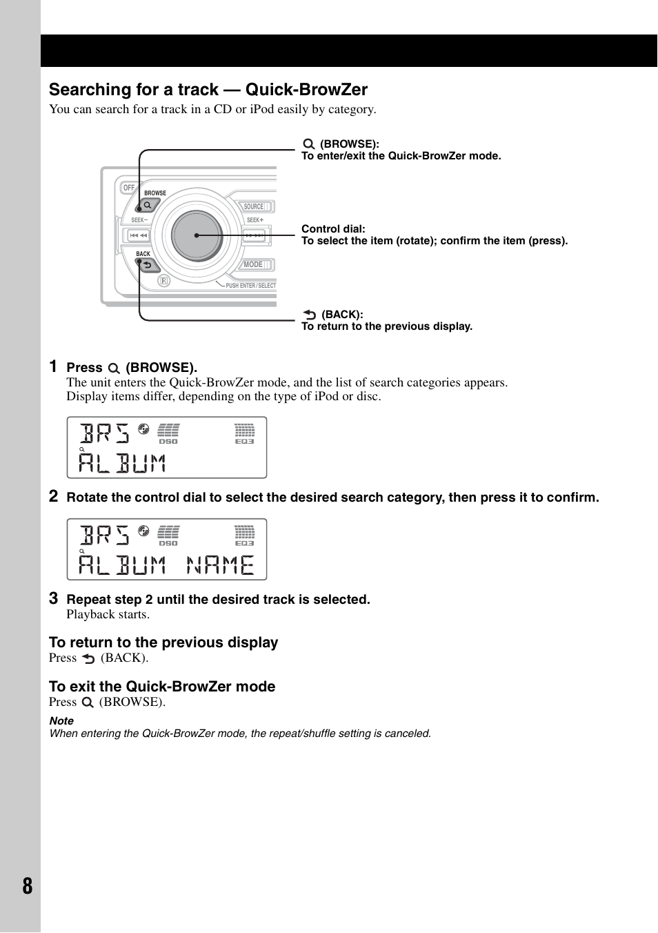Searching for a track - quick-browzer, Searching for a track — quick-browzer | Sony CDX-GT62IPW User Manual | Page 8 / 44