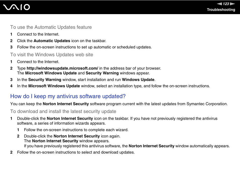 How do i keep my antivirus software updated | Sony VGN-FJ370P User Manual | Page 123 / 167