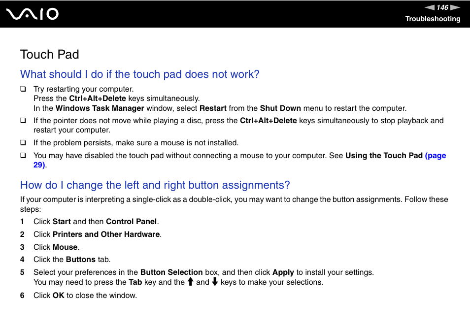 Touch pad, What should i do if the touch pad does not work | Sony VGN-FJ370P User Manual | Page 146 / 167