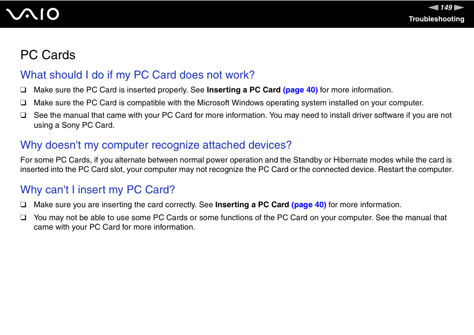 Pc cards, What should i do if my pc card does not work, Why doesn't my computer recognize attached devices | Why can't i insert my pc card | Sony VGN-FJ370P User Manual | Page 149 / 167