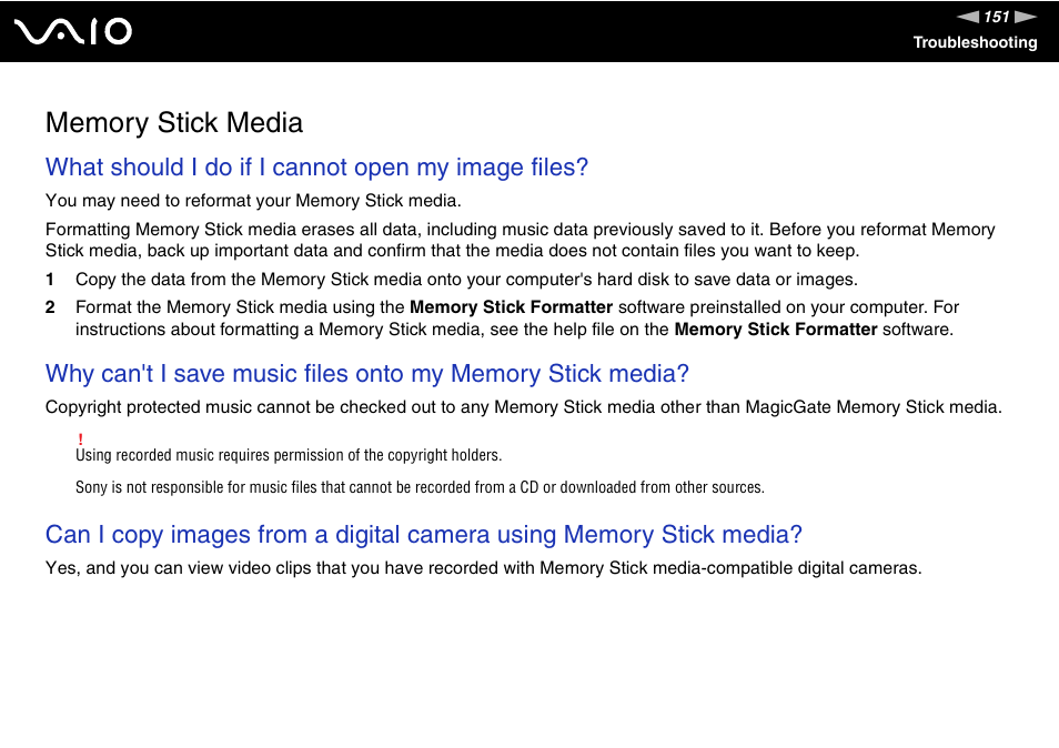 Memory stick media, What should i do if i cannot open my image files | Sony VGN-FJ370P User Manual | Page 151 / 167