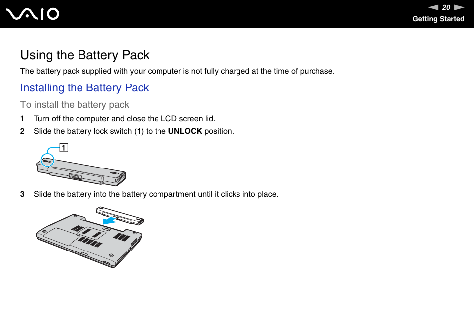 Using the battery pack, Installing the battery pack | Sony VGN-FJ370P User Manual | Page 20 / 167