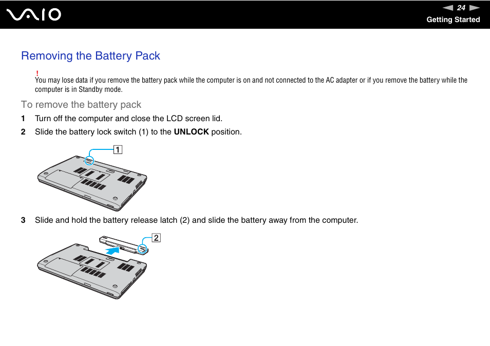 Removing the battery pack | Sony VGN-FJ370P User Manual | Page 24 / 167