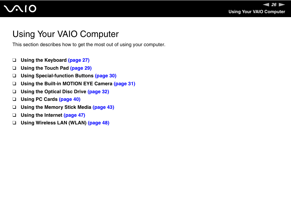 Using your vaio computer | Sony VGN-FJ370P User Manual | Page 26 / 167