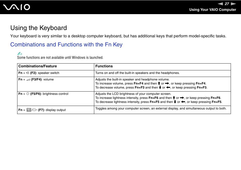 Using the keyboard, Combinations and functions with the fn key | Sony VGN-FJ370P User Manual | Page 27 / 167