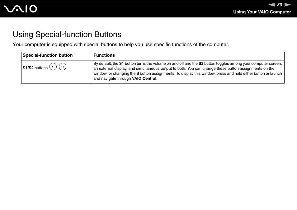 Using special-function buttons | Sony VGN-FJ370P User Manual | Page 30 / 167