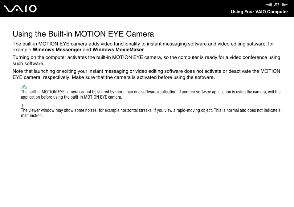 Using the built-in motion eye camera | Sony VGN-FJ370P User Manual | Page 31 / 167