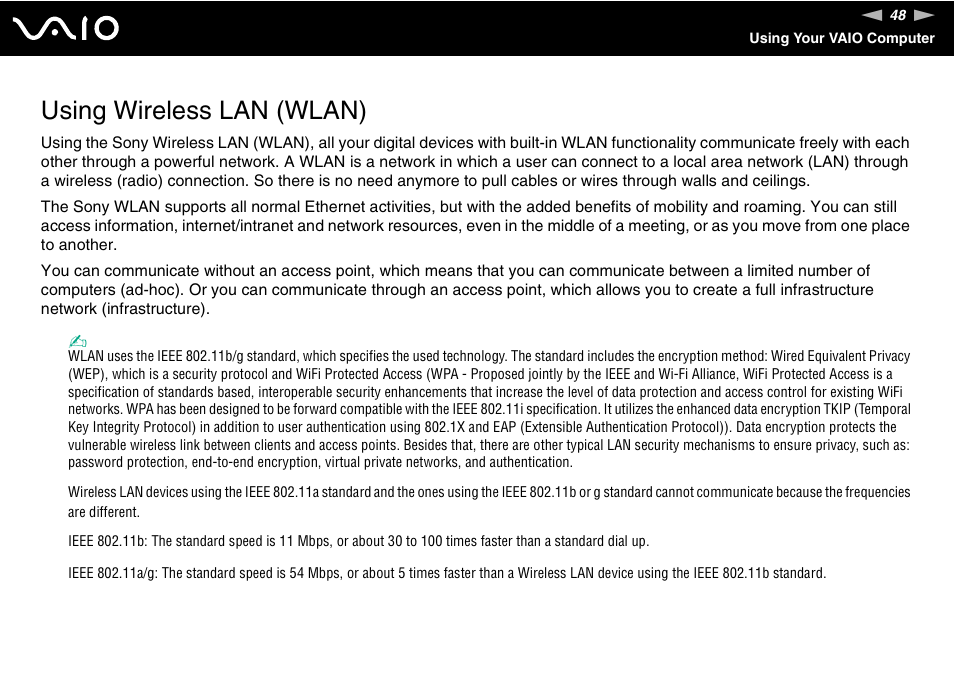 Using wireless lan (wlan) | Sony VGN-FJ370P User Manual | Page 48 / 167