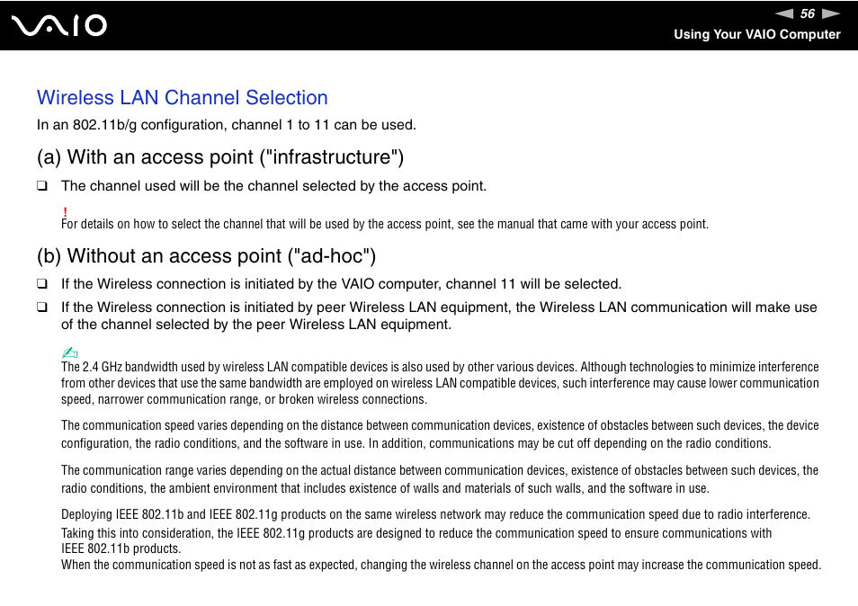 Wireless lan channel selection, A) with an access point ("infrastructure"), B) without an access point ("ad-hoc") | Sony VGN-FJ370P User Manual | Page 56 / 167