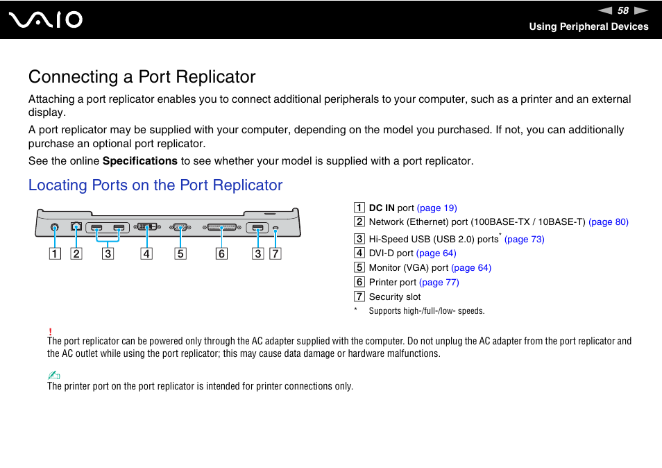 Connecting a port replicator, Locating ports on the port replicator | Sony VGN-FJ370P User Manual | Page 58 / 167