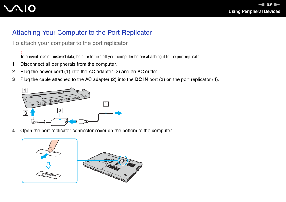 Attaching your computer to the port replicator | Sony VGN-FJ370P User Manual | Page 59 / 167