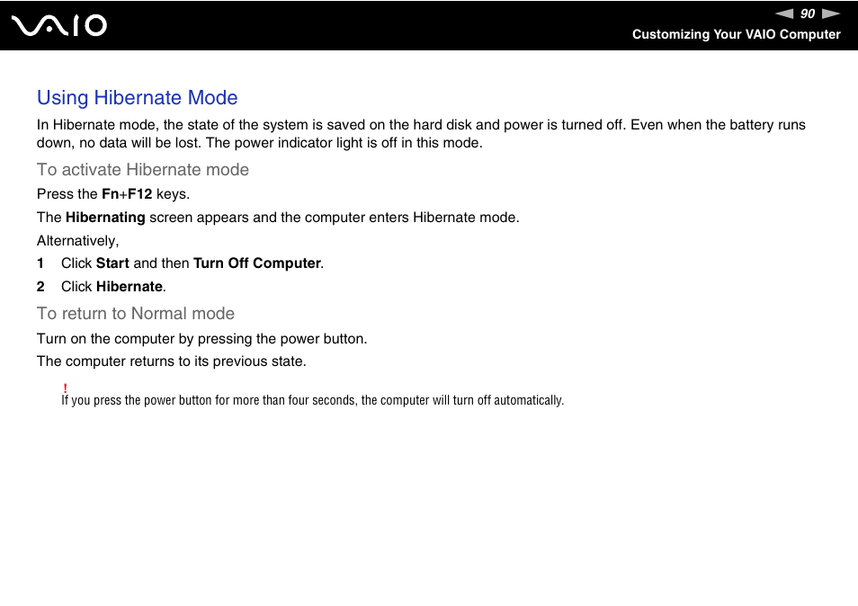 Using hibernate mode | Sony VGN-FJ370P User Manual | Page 90 / 167