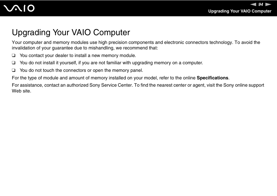 Upgrading your vaio computer | Sony VGN-FJ370P User Manual | Page 94 / 167