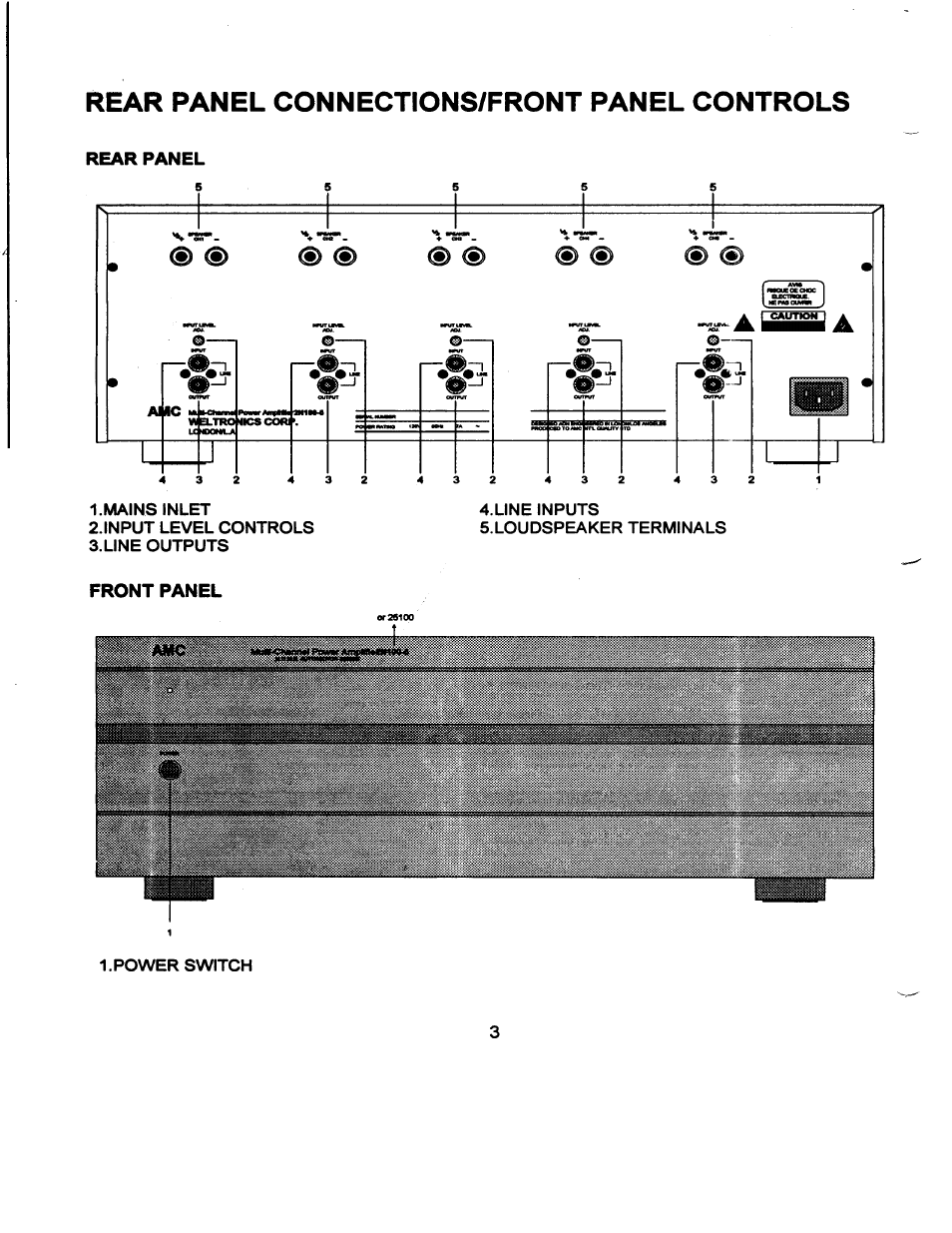 Rear panel connections/front panel controls, Rear panel, Front panel | AMC 2N100-5 User Manual | Page 4 / 8