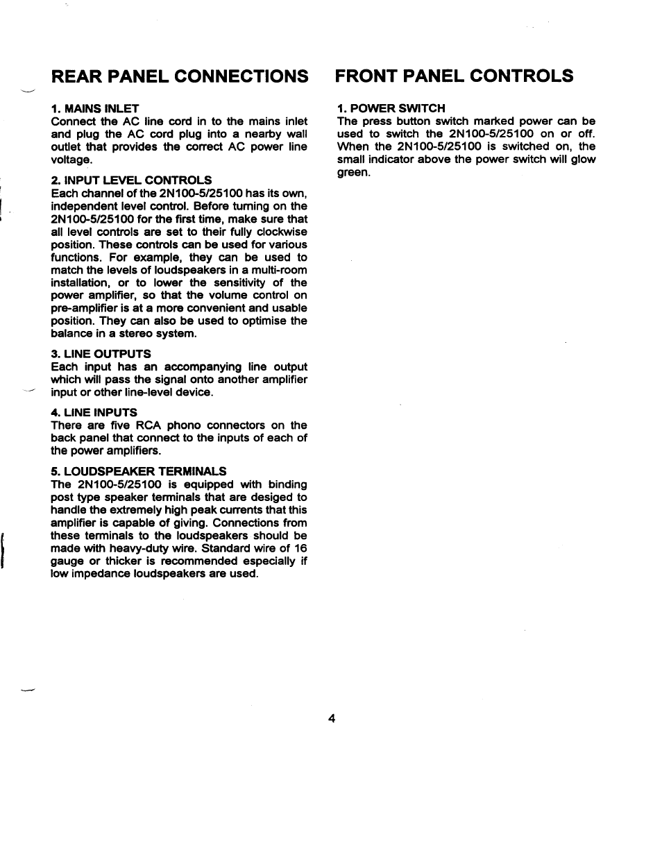 Rear panel connections front panel controls | AMC 2N100-5 User Manual | Page 5 / 8