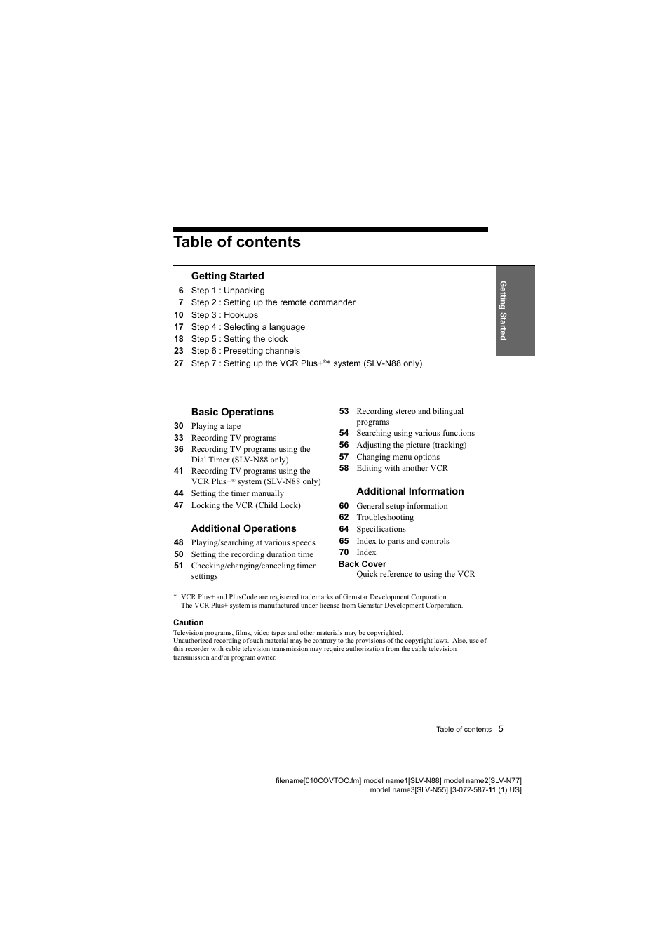 Sony SLV-N88 User Manual | Page 5 / 72