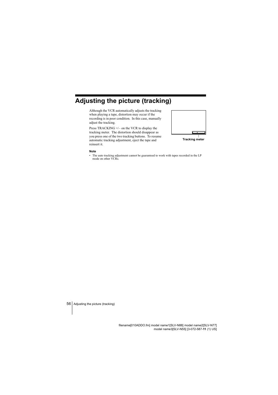 Adjusting the picture (tracking) | Sony SLV-N88 User Manual | Page 56 / 72