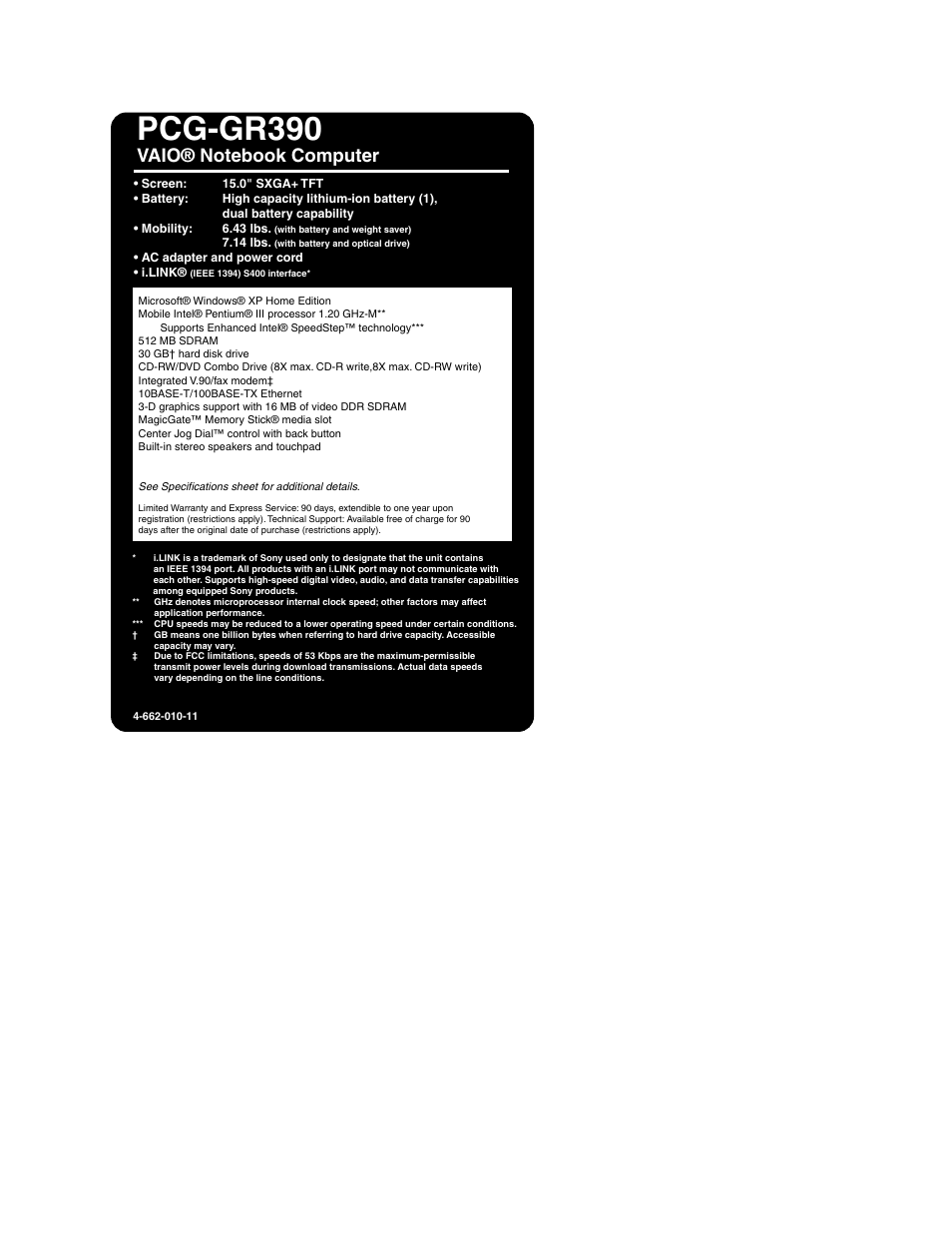 Sony PCG-GR390 User Manual | 1 page