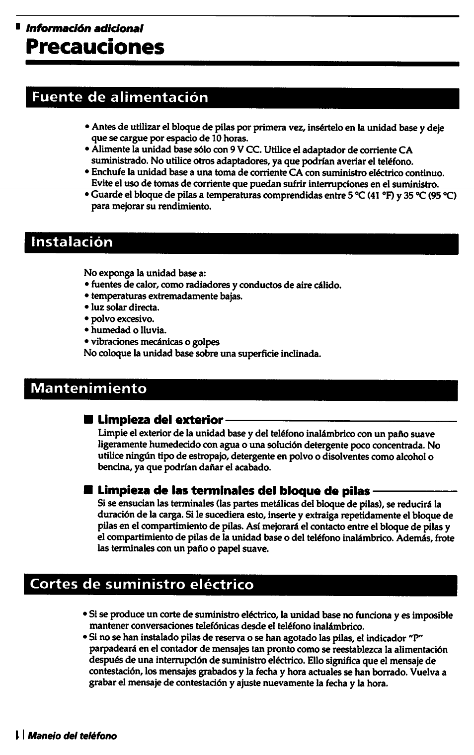 Precauciones, Fuente de alimentación, Instalación | Mantenimiento, Cortes de suministro eléctrico | Sony SPP-A5000 User Manual | Page 104 / 108