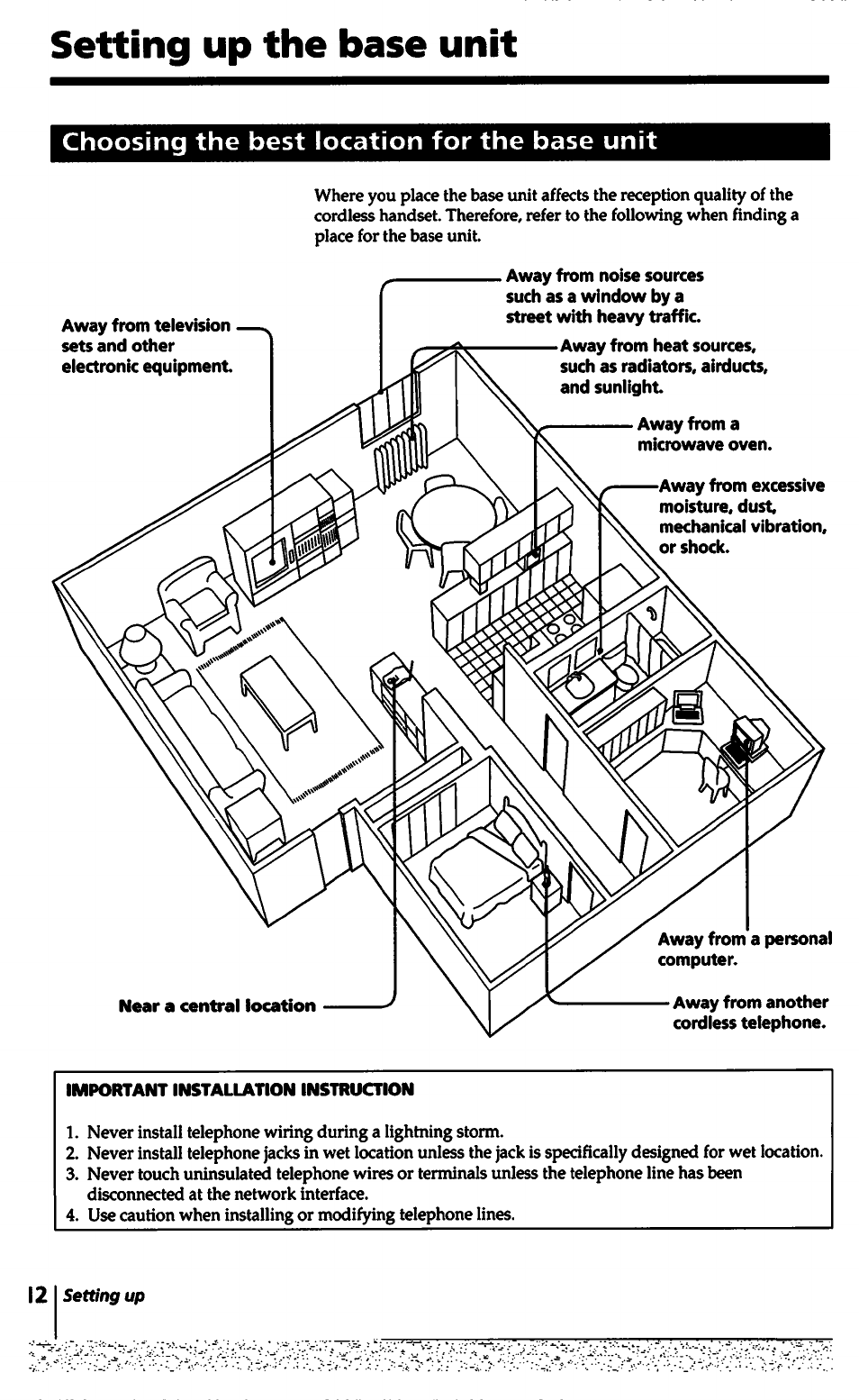 Choosing the best location for the base unit, Setting up the base unit | Sony SPP-A5000 User Manual | Page 12 / 108