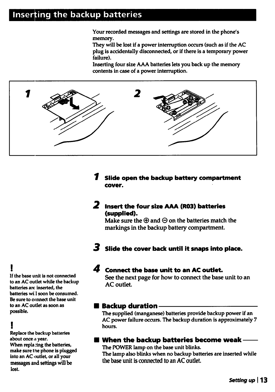 1 slide open the backup battery compartment cover, 3 slide the cover back untii it snaps into place, 4 connect the base unit to an ac outlet | Inserting the backup batteries | Sony SPP-A5000 User Manual | Page 13 / 108