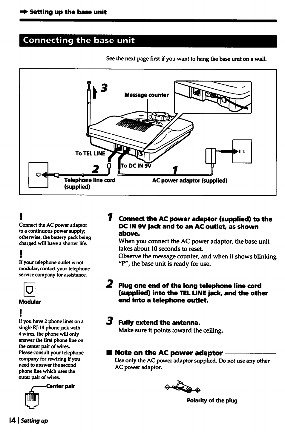 Setting up the base unit, Connecting the base unit, 3 fully extend the antenna | Note on the ac power adaptor | Sony SPP-A5000 User Manual | Page 14 / 108