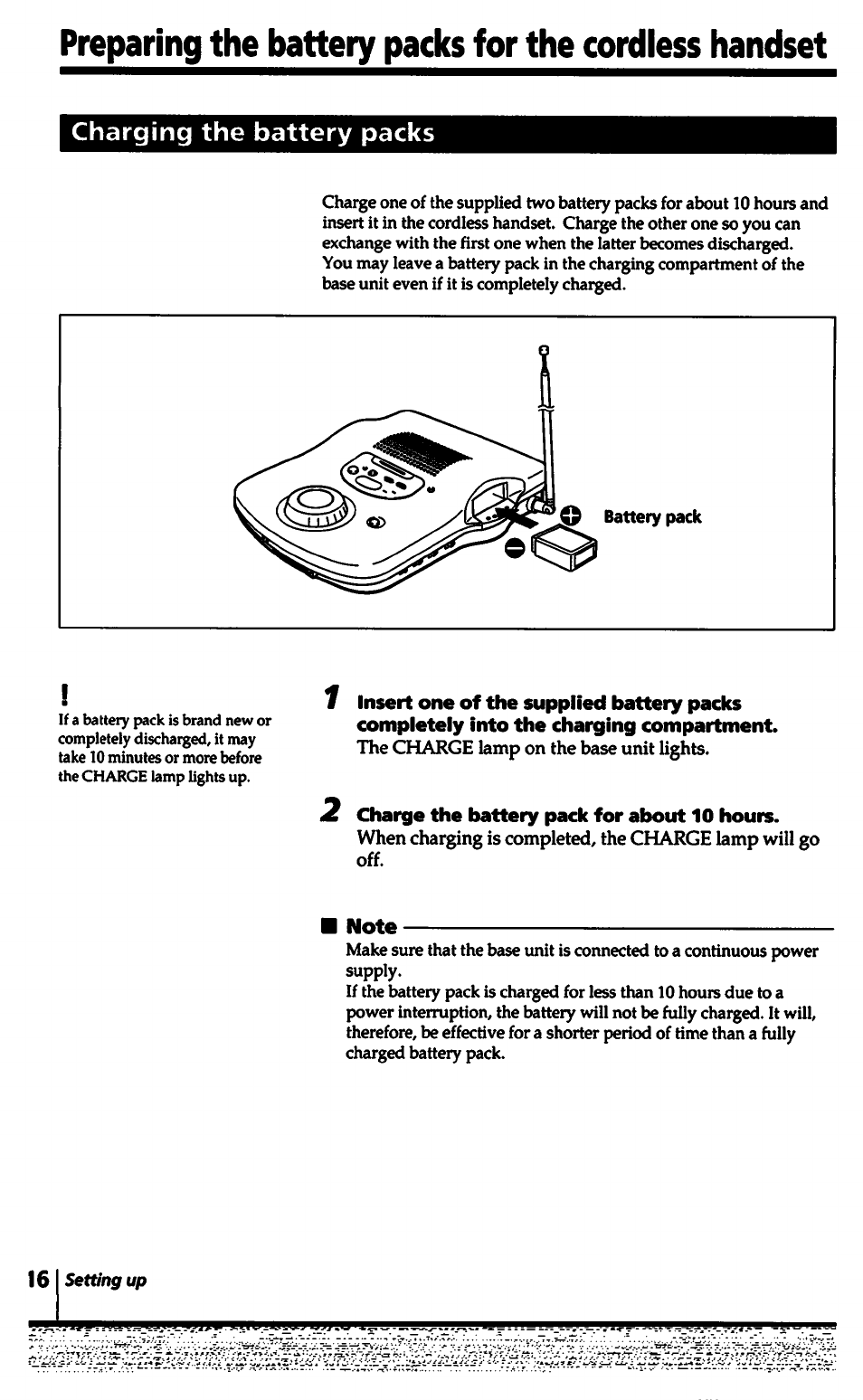 Charging the battery packs, 2 charge the battery pack for about 10 hours, Note | Sony SPP-A5000 User Manual | Page 16 / 108