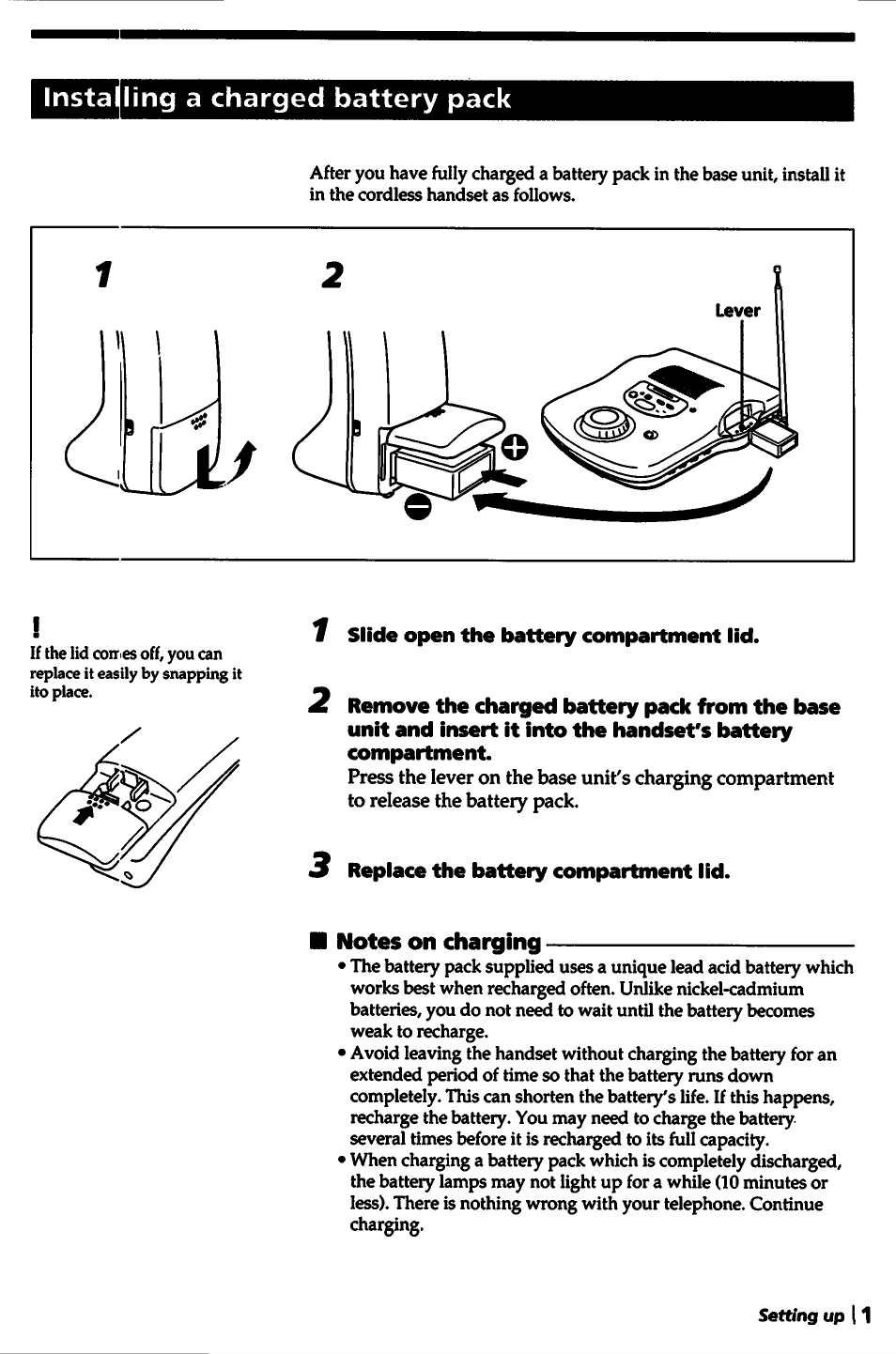 1 slide open the battery compartment lid, 3 replace the battery compartment lid, Notes on charging | Installing a charged battery pack | Sony SPP-A5000 User Manual | Page 17 / 108