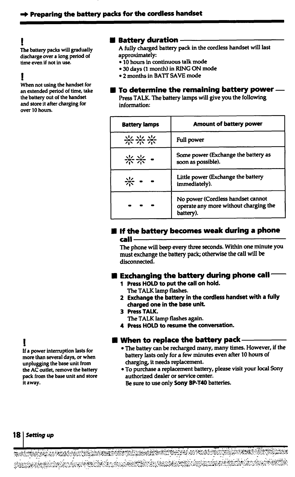 Battery duration, To determine the remaining battery power, If the battery becomes weak during a phone call | Exchanging the battery during phone call, When to replace the battery pack | Sony SPP-A5000 User Manual | Page 18 / 108