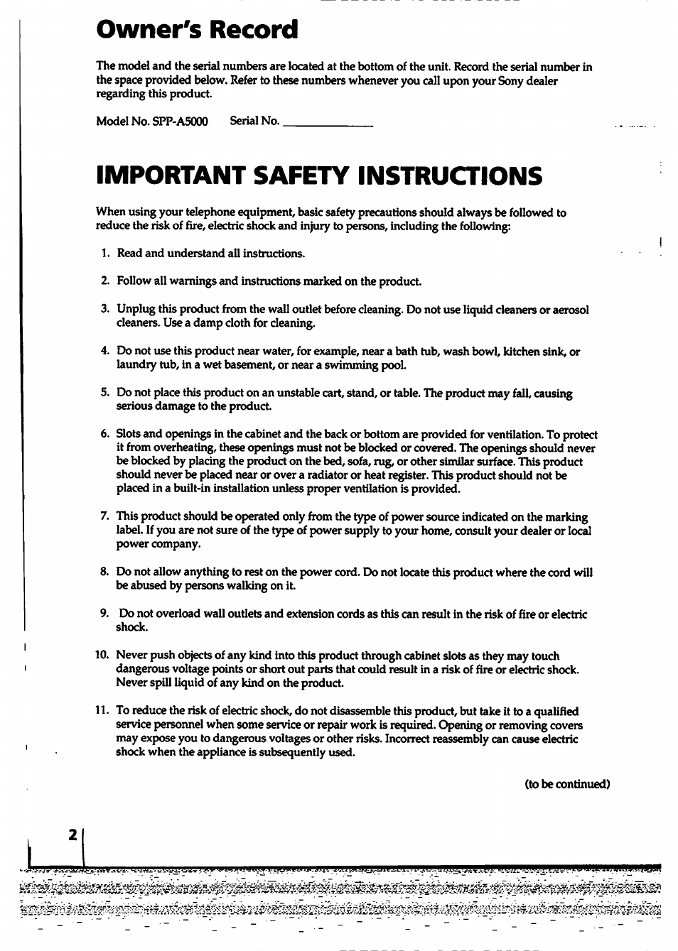 Owner's record, Important safety instructions | Sony SPP-A5000 User Manual | Page 2 / 108