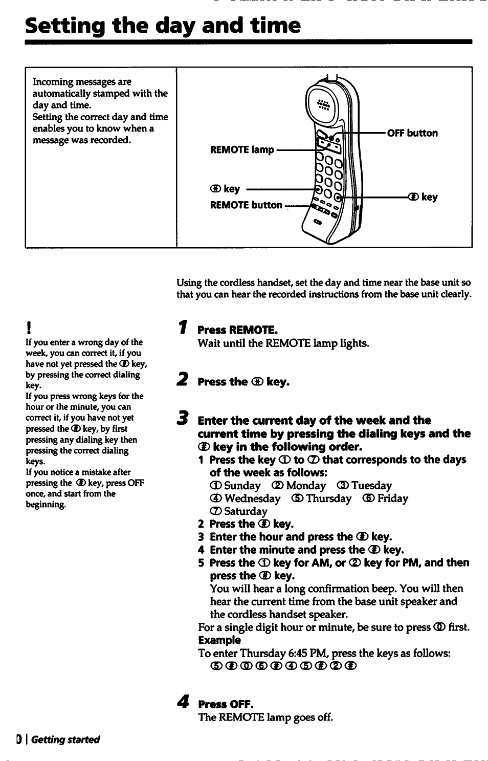 4 press off, Setting the day and time | Sony SPP-A5000 User Manual | Page 20 / 108