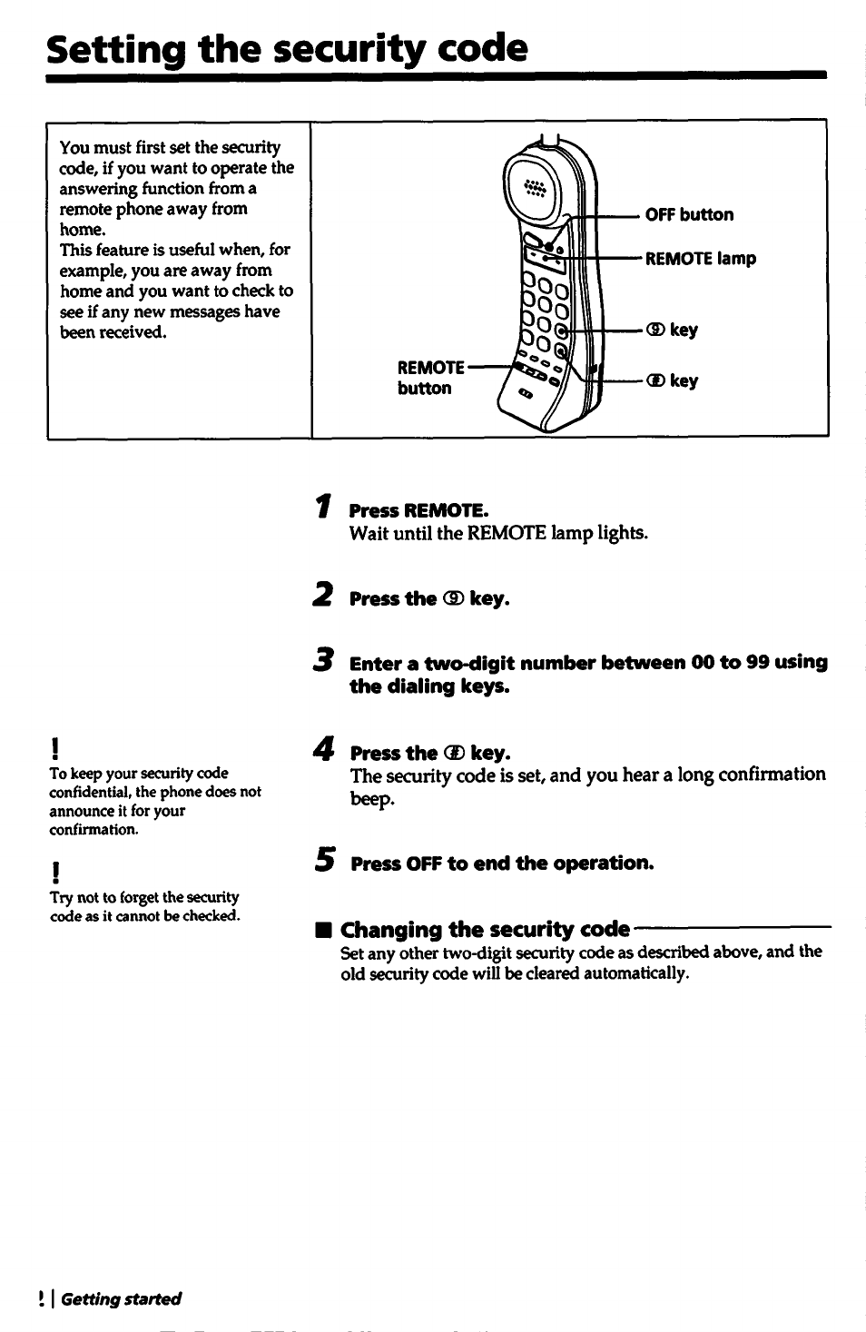 F press remote, 2 press the <e> key, 4 press the (d key | 5 press off to end the operation, Changing the security code, Setting the security code | Sony SPP-A5000 User Manual | Page 22 / 108