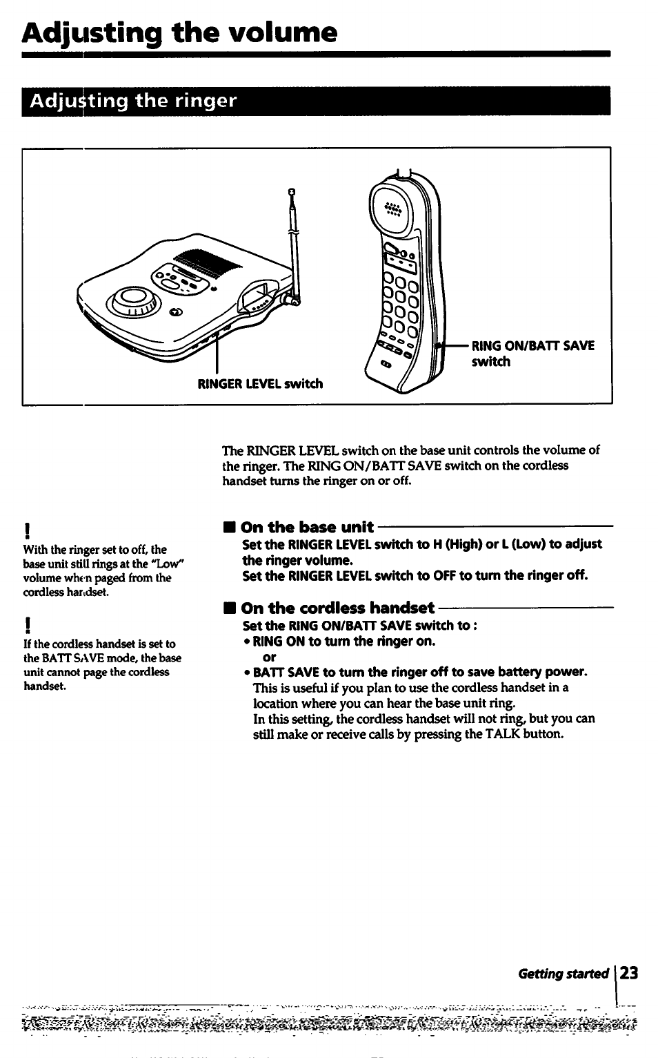 Adjusting the ringer, On the base unit, On the cordless handset | Adjusting the volume | Sony SPP-A5000 User Manual | Page 23 / 108