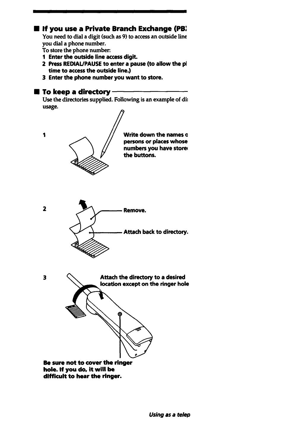 If you use a private branch exchange (pbi, To keep a directory | Sony SPP-A5000 User Manual | Page 29 / 108