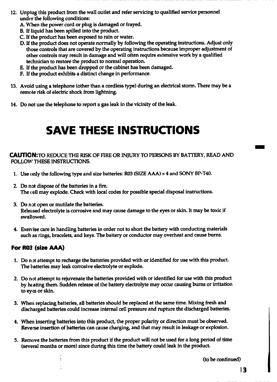 For r03 (size aaa), Save these instructions | Sony SPP-A5000 User Manual | Page 3 / 108