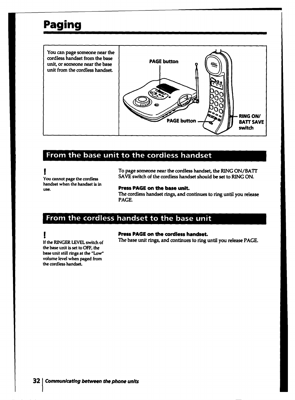 From the base unit to the cordless handset, From the cordless handset to the base unit, Paging | Sony SPP-A5000 User Manual | Page 32 / 108