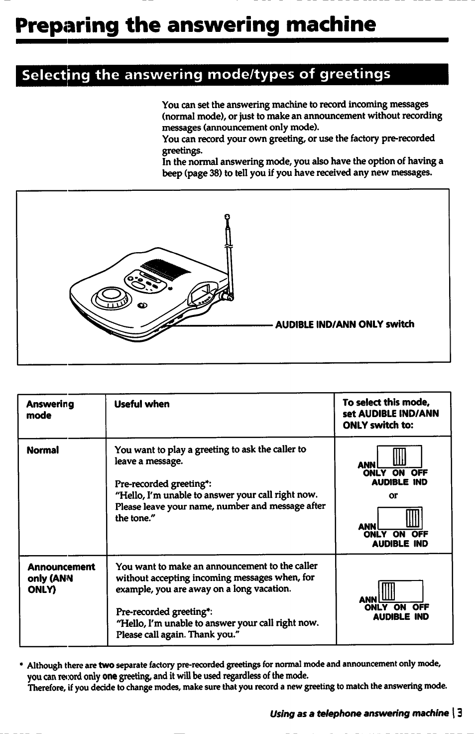 Selecting the answering mode/types of greetings, Answering, Useful when | Normal, Preparing the answering machine | Sony SPP-A5000 User Manual | Page 33 / 108